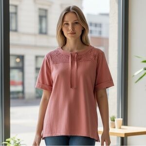 #132 Olsen  Orange Women's Top with Lace Detail